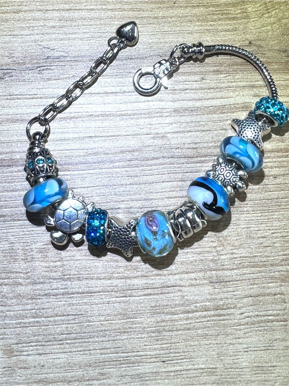 Blue Charm Bracelet with Turquoise Glass Beads. NWOT